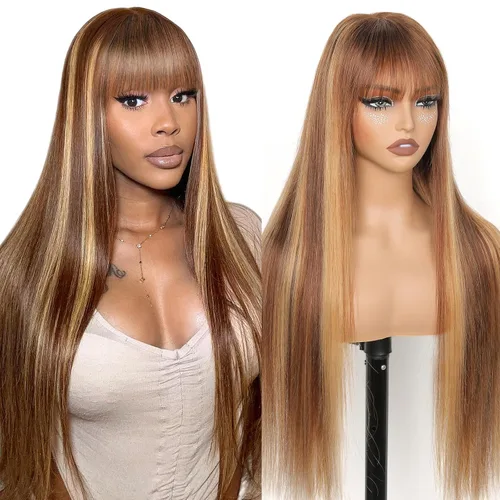 Vista 11 de Straight Human Hair Wigs with Bangs 180% Density 2x4 Lace Front Wigs with Bangs Closure Wear and Go Glueless Wigs 100% Brazilian Virgin Human Hair