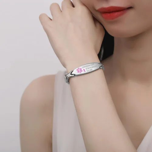 Vista 3 de LinnaLove Lymphedema Alert Bracelets no bp/iv/needles this arm Stainless Steel Medical id Bracelets for Women