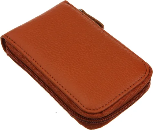 Vista 4 de RFID mini organizador de tarjetas de crédito, cuero auténtico, billetera compacta con visor de identificación, S, Marrón