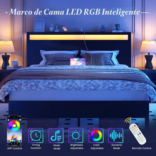 Vista 4 de Fluest Queen Bed Frame with Headboard & Footboard, Bed Frame with Built-in Charging Station & LED Light, Storage Shelf, Noise-Free, No Box Spring