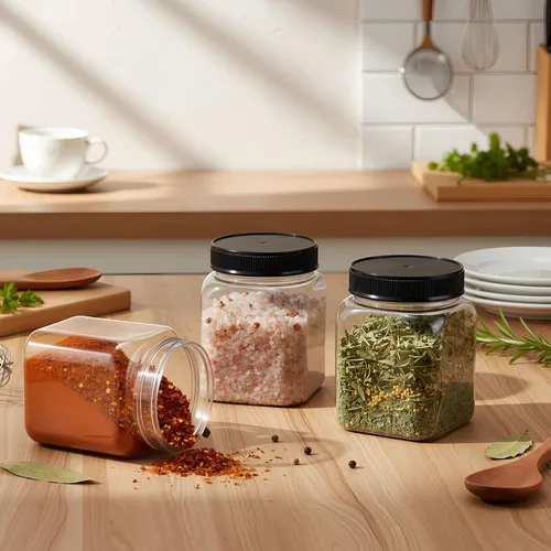 Vista 5 de Nosiny 6 tarros de plástico transparente de 24 onzas con tapas, recipientes cuadrados de plástico grandes para dulces con tapas de rosca, Negro