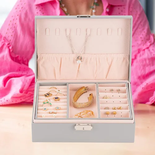 Vista 3 de Smileshe Joyero para mujeres y niñas, organizador de piel sintética con cerradura, 2 capas extraíbles de almacenamiento de viaje para anillos