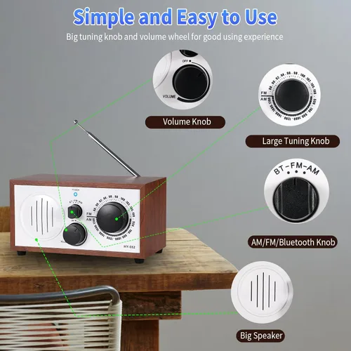 Vista 6 de Altavoz Bluetooth AM FM de madera vintage con enchufe de pared, diseño elegante y retro, altavoz Bluetooth con entrada auxiliar, conector