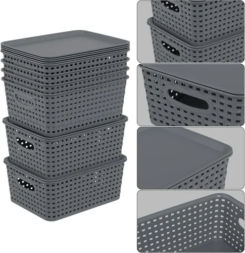 Vista 3 de Paquete de 6 cestas pequeñas de almacenamiento tejidas de plástico con tapa, canasta gris