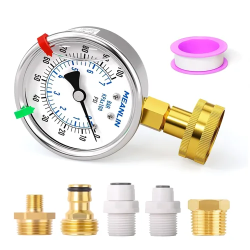 Vista 9 de MEANLIN MEASURE Manómetro de presión de 0~200 Psi con marco de acero inoxidable, rosca hembra de 3/4", relleno de líquido, kit con 5 adaptadores