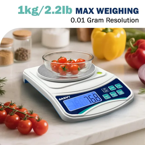Vista 2 de Balanza Digital de Laboratorio 1000g x 0.01g, Balanza Analítica Electrónica de Precisión para Laboratorio, Joyería, Cocina, Incluye Peso de 100g y 2