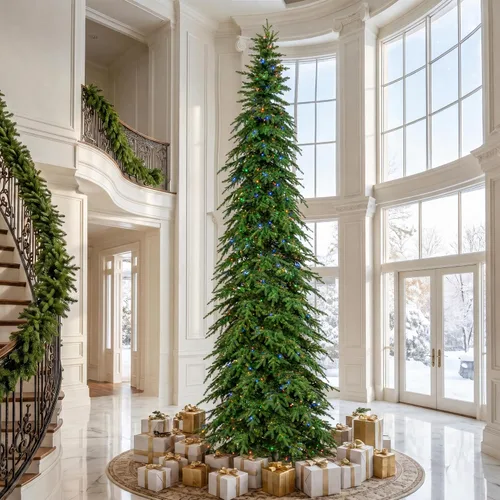 Vista 12 de Glitzhome Árbol de Navidad Artificial de 7.5 pies, Árbol de Navidad Tipo Lápiz Preiluminado con Efecto Nevado Chicago Frostwood Spruce con 350 Luces