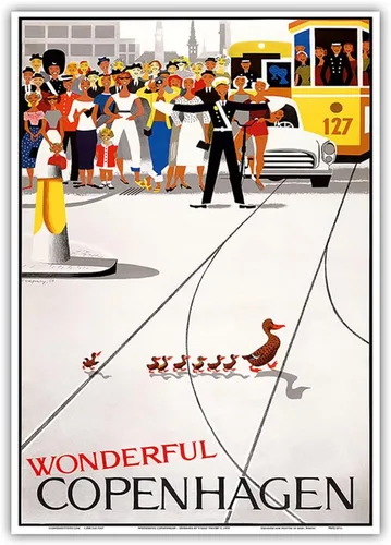 Vista 11 de Wonderful Copenhagen - Copenhagen Denmark - Mother Duck and her Ducklings Crossing the Street - Vintage Travel Poster by Viggo Vagnby c.1959