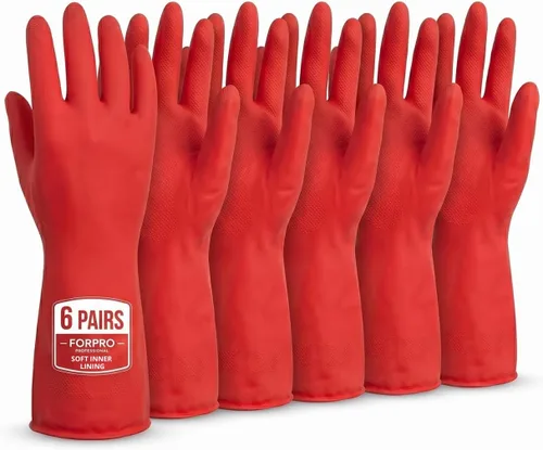 Vista 8 de ForPro - Guantes de goma natural, 6 pares de guantes reutilizables multiusos para limpieza del hogar con forro interior suave, impermeables
