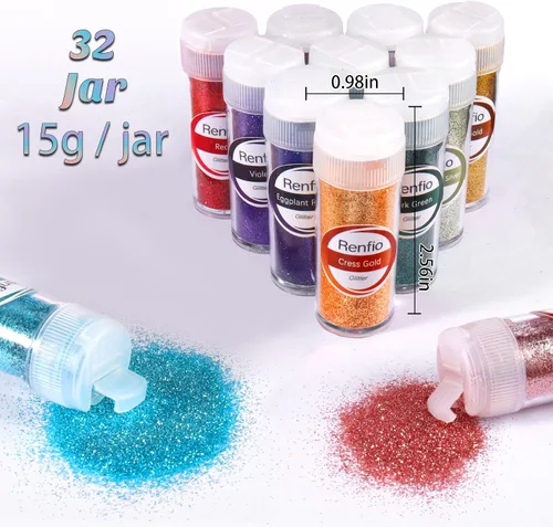 Vista 4 de Renfio Juego de Purpurina de 32 Colores, 16.93oz 480g Polvo de Purpurina Ultra Fino PET 1/128" 0.008" 0.2mm Suministros de Resina Purpurina Surtida
