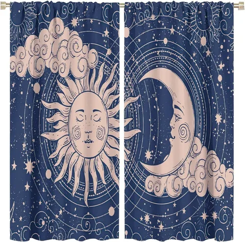 Vista 98 de Cortinas opacas con diseño de sol y luna, cuerpos celestes bohemios, con diseño de sol, luna y estrellas, para sala de estar, dormitorio, 42 x 45
