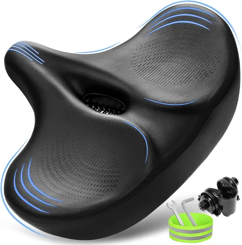 Vista 8 de CDYWD Asiento de bicicleta de gran tamaño para hombres y mujeres, cojín de asiento de bicicleta extra ancho, cómodo acolchado de ala, sillín