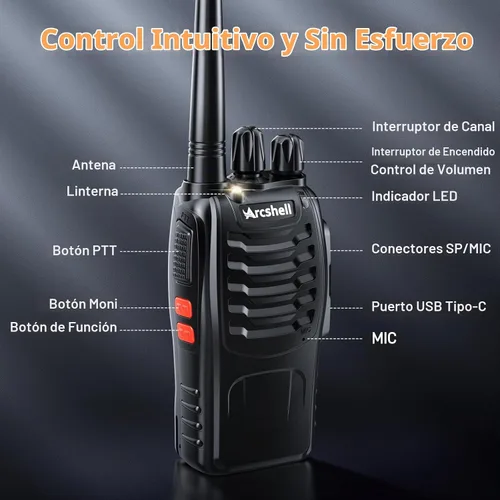 Vista 2 de Radios bidireccionales recargables de largo alcance con auricular, paquete de 5 unidades Arcshell AR-5 Walkie Talkies batería de iones de litio