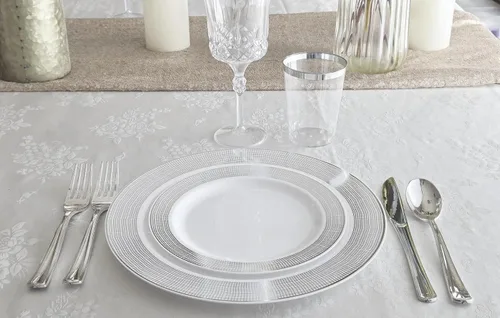 Vista 6 de Occasions" - Juego de 300 piezas y 60 platos de plástico desechables para bodas y cubiertos (lino blanco y plateado, cubiertos plateados)