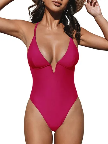 Vista 19 de CUPSHE Traje de baño de una pieza para mujer, cuello en V profundo, espalda entrecruzada con tirantes delgados ajustables Beige/Negro Wave