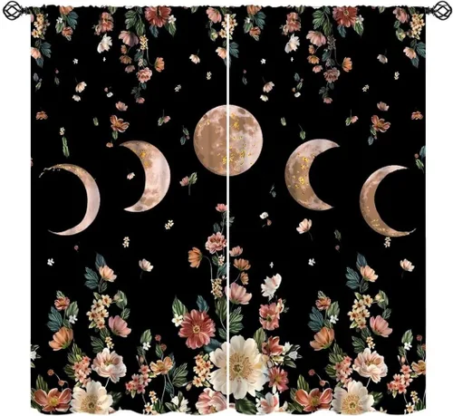 Vista 24 de Cortinas retro de luna, bosque mágico con hojas iluminadas por la luna, cortinas de plantas, diseño gótico floral de cielo estrellado para ventana