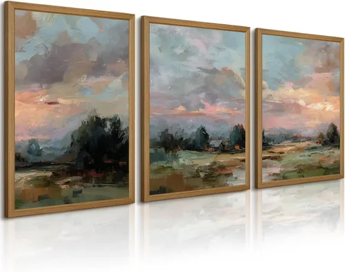 Vista 15 de Arte de pared de bosque brumoso, arte de pared de abeto, paisaje natural, lienzo, impresiones abstractas de bosques, pintura de granja, póster