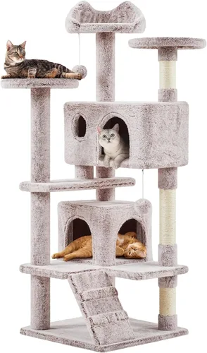 Vista 35 de Yaheetech - Torre de árbol para gatos de 62 pulgadas, torre para gatitos de interior, muebles para mascotas con doble refugio, postes para rascar