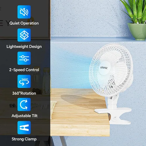 Vista 2 de shinic Ventilador portátil de clip de 6 pulgadas con abrazadera fuerte, 2 velocidades, cabeza ajustable, potente flujo de aire, mini ventilador