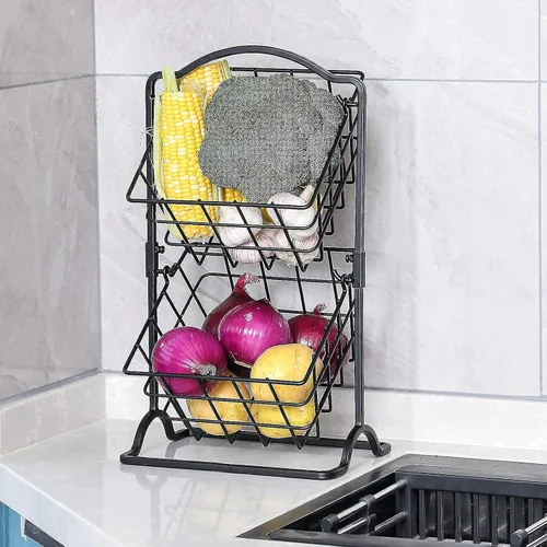 Vista 7 de Cesta de frutas de hierro de 2 niveles para encimera de cocina, pan, frutas y verduras, cesta de almacenamiento de alambre colgante para organizador