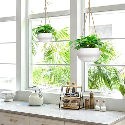 Vista 2 de Macetas colgantes de cerámica para plantas de interior y exterior, maceta moderna de 8 pulgadas, cesta redonda de porcelana con soporte para plantas