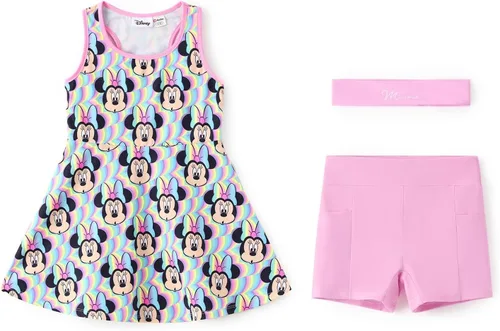 Vista 11 de Disney Frozen Elsa Princess Stitch Minnie - Vestido de tenis para niñas, sin mangas, con pantalones cortos, bolsillo y diadema, 2-9 años