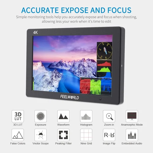 Vista 4 de FEELWORLD T7 7 pulgadas IPS 4K HDMI Cámara Monitor de campo Asistencia de video Full HD 1920x1200 carcasa de aluminio sólido DSLR Monitor