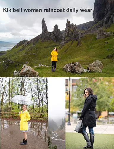 Vista 5 de Kikibell Chaqueta de lluvia para mujer con capucha, con forro a rayas, ligera, impermeable para exteriores, cortavientos Verde militar