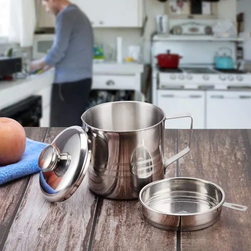 Vista 5 de Contenedor de grasa de tocino de acero inoxidable con pantalla de filtro de malla, 1.2L/5 tazas de aceite de cocina para cocina