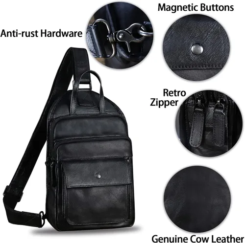 Vista 6 de Bolso bandolera de cuero genuino para hombres y mujeres, estilo vintage, de cuero real, a la moda, mochila bandolera para el hombro, bolso cruzado