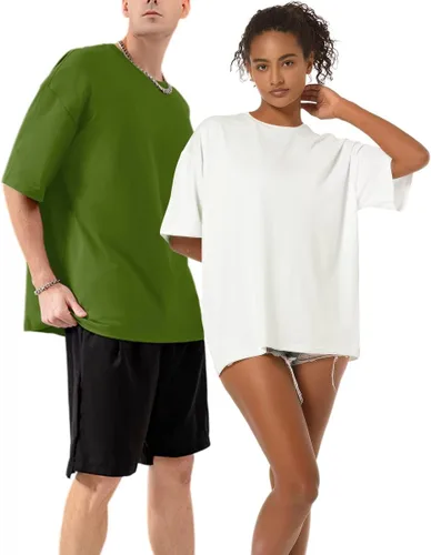Vista 3 de JUNING Camisetas de gran tamaño para mujer, manga corta, cuello redondo, casual, suave, camiseta básica