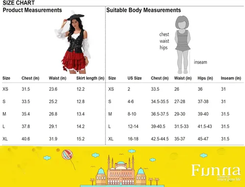 Vista 6 de Funna Disfraz de pirata para mujer, sexy, 5 piezas con sombrero, falda pirata, accesorios