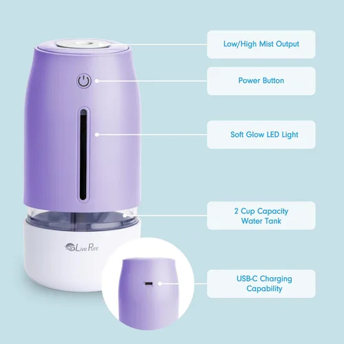 Vista 2 de LivePure Humidificadores de niebla fría para dormitorio. Humidificador pequeño para bebés, guardería, plantas, oficina. Humidificador ultrasónico