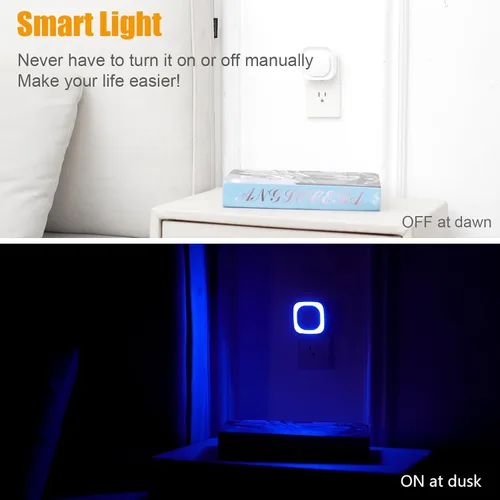 Vista 4 de YUNLEX Paquete de 4 luces nocturnas enchufables regulables, luz nocturna azul, sensor automático de atardecer a amanecer, luz nocturna LED, brillo