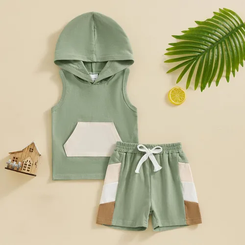 Vista 2 de Lucikamy Ropa de bebé niño sin mangas + pantalones cortos con estampado a rayas con bolsillos, 2 piezas de trajes de verano