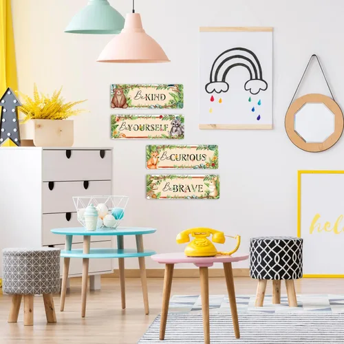 Vista 7 de Letrero de madera para decoración de pared de habitación de niños, 4 piezas, 11.8 x 3.9 pulgadas, animales de safari en la selva, arte de pared