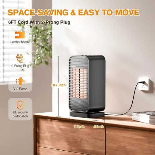 Vista 7 de Calentadores eléctricos portátiles para uso en interiores, mini calentador de espacio PTC de 1500 W con oscilación de 50 °, calentador portátil