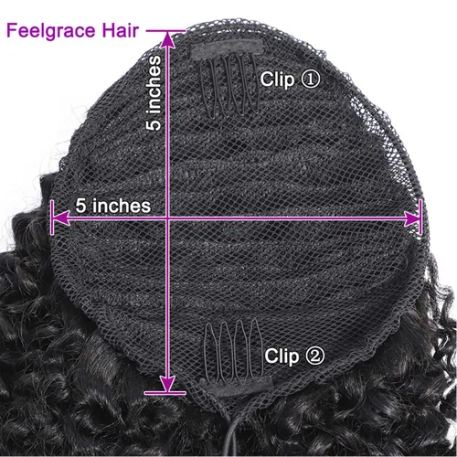 Vista 4 de Cola de caballo de cabello humano rizado con cordón brasileño Remy Extensin 3C Kinky Curly Hair Clip en pieza de pelo color natural sedoso suave 10