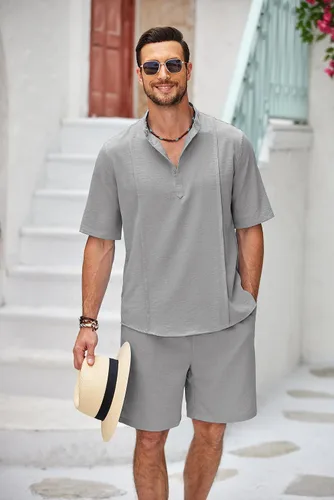 Vista 4 de COOFANDY Conjunto de lino de 2 piezas para hombre, camisa Henley, manga corta y pantalones cortos, trajes a juego para yoga y playa