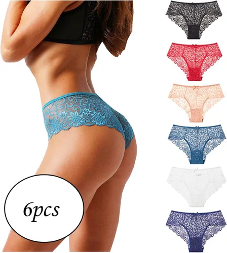 Vista 2 de 6 piezas de ropa interior transpirable sexy para mujer, sin costuras, encaje hipster, ropa interior de cintura alta para mujer
