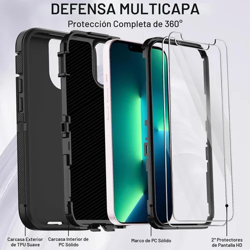 Vista 2 de Funda para iPhone 13 Pro con 2 protectores de pantalla, protección contra caídas a prueba de golpes, cuerpo completo, resistente, 3 capas, militar