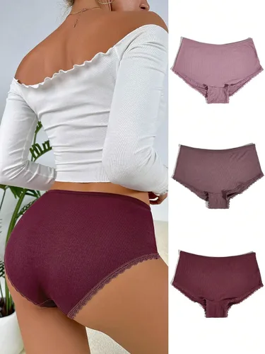 Vista 2 de OYOANGLE Ropa interior de 3 piezas de cintura alta para mujer con ribete de encaje festoneado