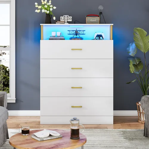Vista 6 de AOGLLATI Cómoda blanca para dormitorio con diseño de columna, cómoda de 4 cajones con estación de carga, cómoda moderna led alta para dormitorio