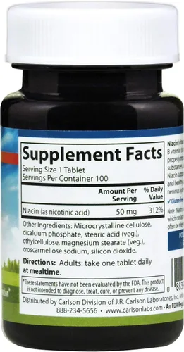 Vista 2 de Carlson - Niacina, 50 mg, apoya el metabolismo del colesterol, la producción de energía, la salud del corazón, la función nerviosa, 100 tabletas