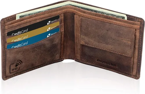 Vista 9 de Moonster Cartera de cuero para hombre con bloqueo RFID mantiene el efectivo y las tarjetas seguros organizados y de fácil acceso carteras delgadas