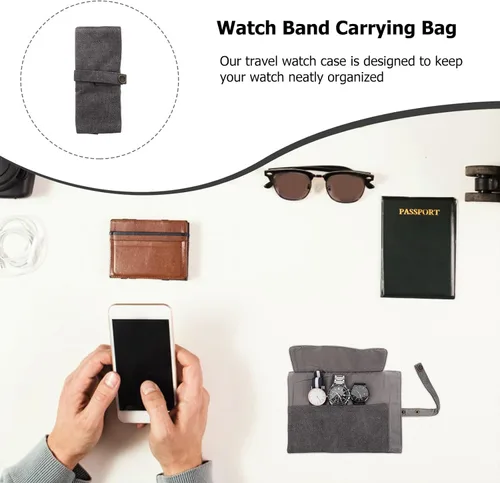 Vista 6 de Watch Band Storage Bag and Watch Organizer Pouch, Gray Nylon Portable Travel Case for Smartwatch Accessories, Space-saving Roll with Snap Closure