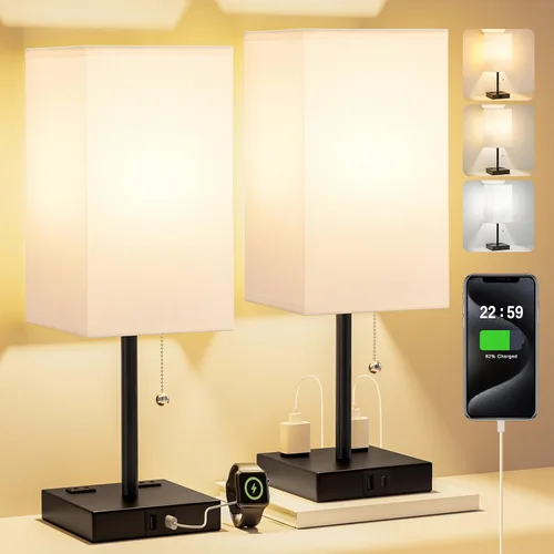Vista 18 de Fenmzee Juego de 2 lámparas de noche para dormitorio, pequeña lámpara rectangular para mesita de noche con puerto de carga USB A C, luz