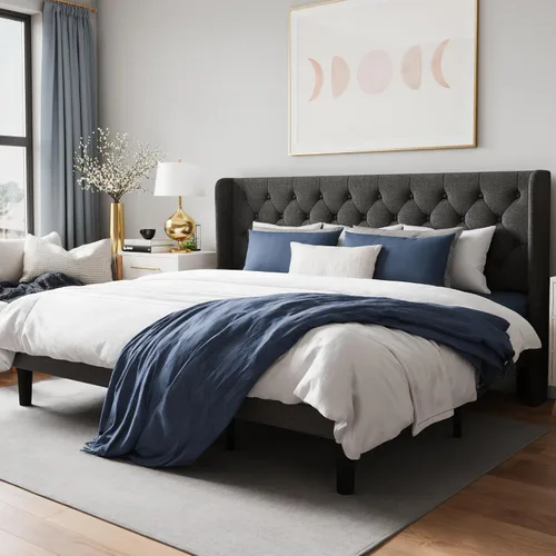Vista 11 de WEEWAY Base de cama tapizada de tamaño matrimonial con cabecera copetuda con respaldo de alas, plataforma moderna con soporte de listones de madera
