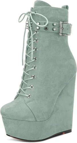 Vista 16 de HDEUOLM Botas de tobillo con tacón de plataforma de cuña alta para mujer, botines cortos con cordones y cremallera Negro