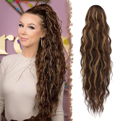 Vista 14 de FESHFEN Extensiones de cola de caballo – 26 pulgadas cordón largo rizado ondulado clip en colas de caballo pelo sintético extensiones de cola